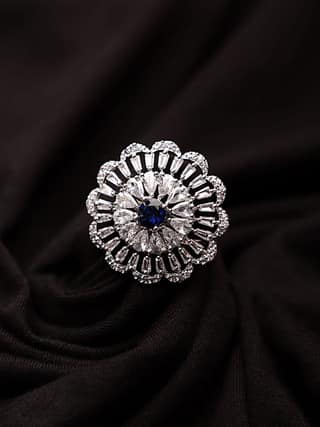Cardinal Silver Plated Blue Stone American Diamond Brass Adjustable Ring