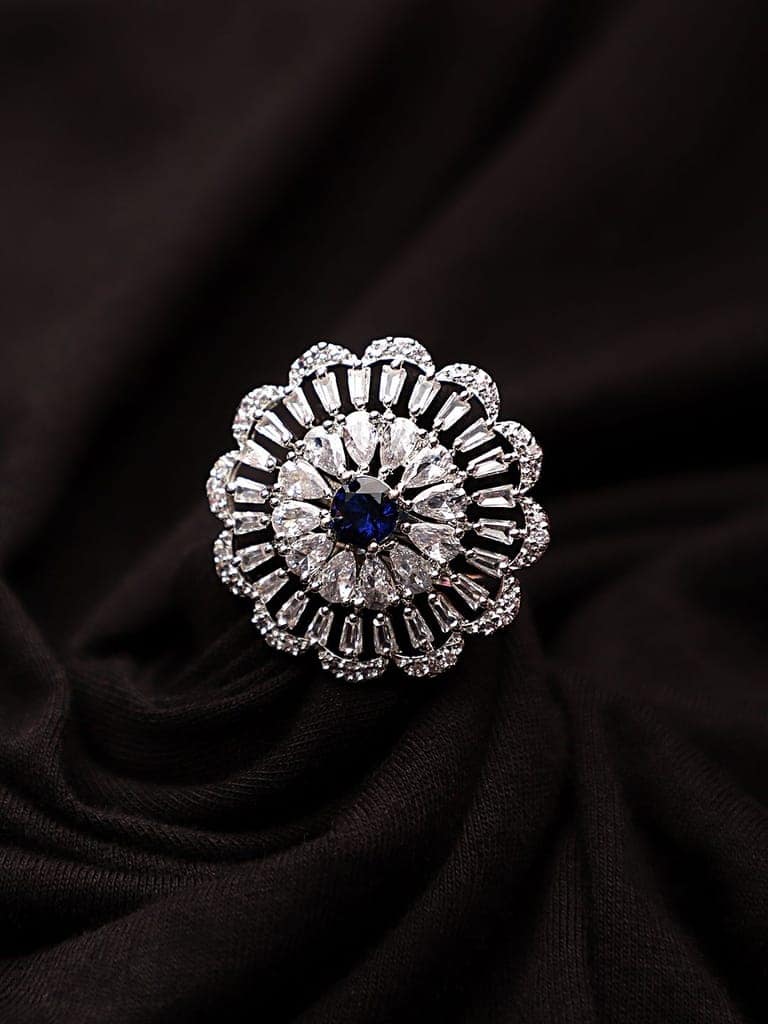 Cardinal Silver Plated Blue Stone American Diamond Brass Adjustable Ring