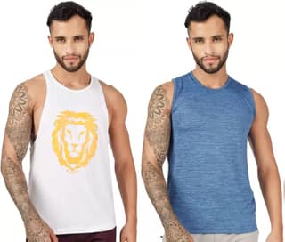 BLUEFICUS Men's GymVest Workout and Muscle Tank Top for Bodybuilding Running Weight Lifting Made by Dryfit Polyester Fabric (White & Blue) (Pack of 2)