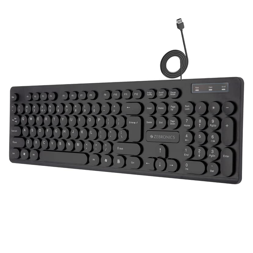 ZEBRONICS K24 Wired USB Keyboard, 104 Keys, Long Life 8 Million Keystrokes, Silent & Comfortable Use, Slim Design, Retractable Stand, 1.5 Meter Textured Cable, UV Coated keycaps ZEBRONICS K24 Wired USB Keyboard, 104 Keys, Long Life 8 Million Keystrokes,