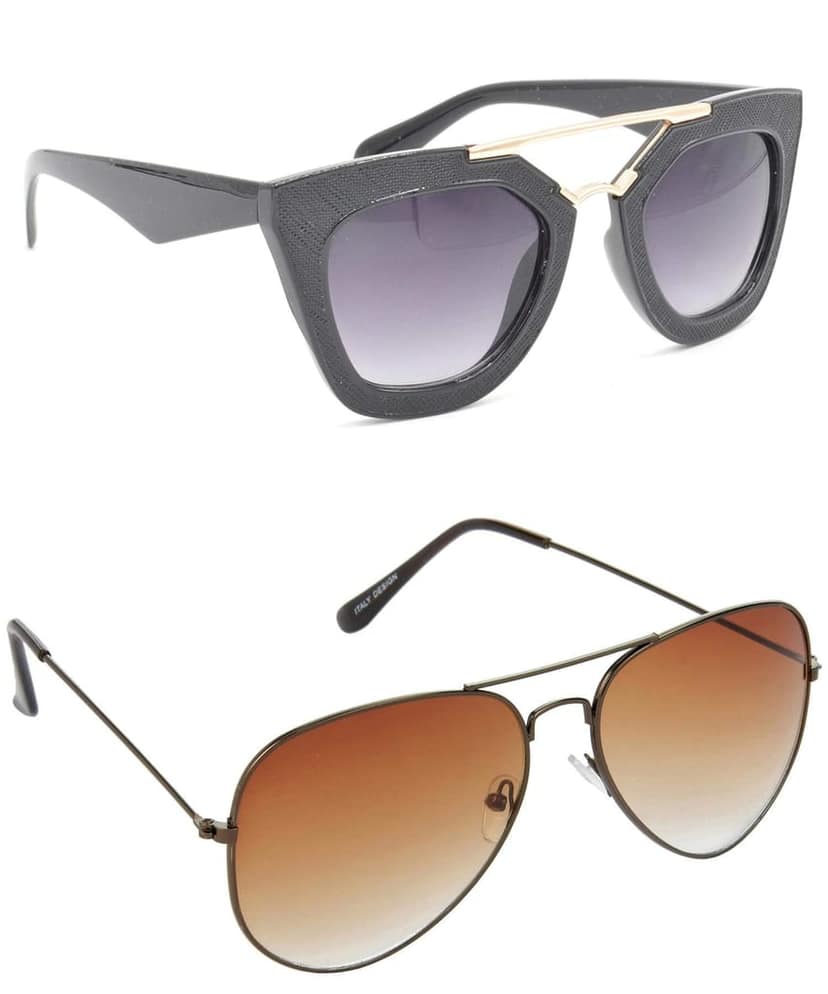 HRINKAR Unisex Rectangular Sunglasses Golden & Brown Frame, Grey & Brown Lens (Medium) - Pack of 2