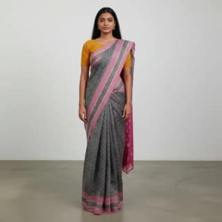 Pochampally Mercerized Cotton Saree in Dark Gray with Temple Border