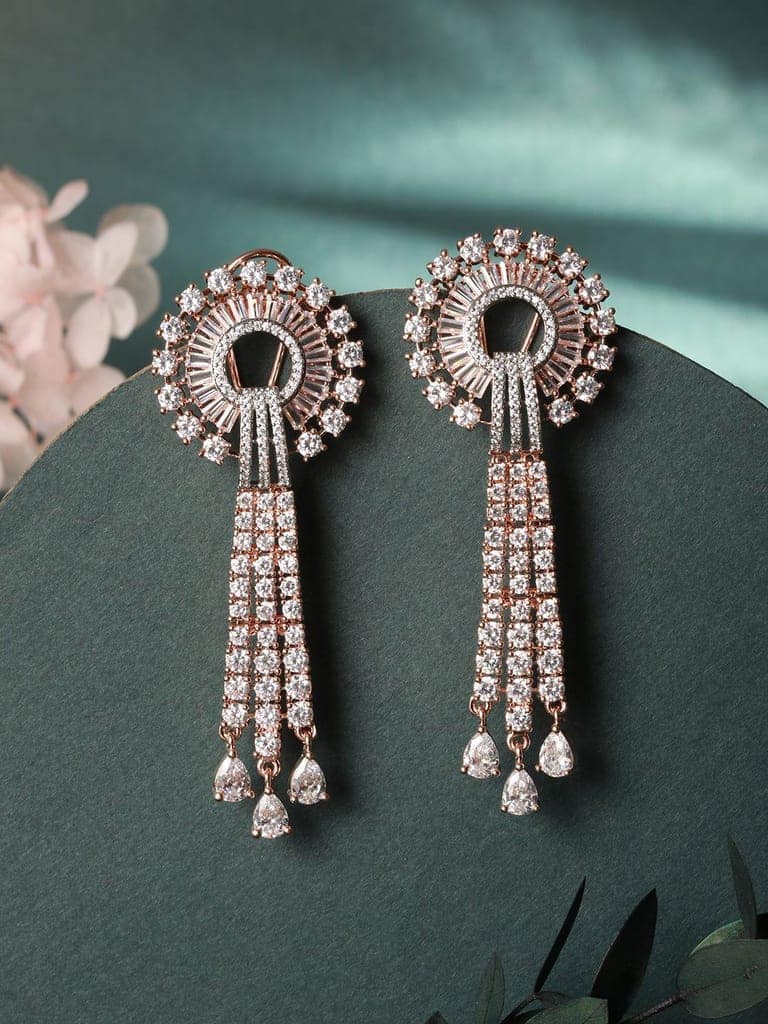 Rose Gold plated White AD studded Knotted Long Dropdown Handcrafted Earrings view 2