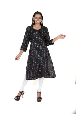 GHL GUENDICHA HAAT Sambalpuri Certified Handloom Women's Pure Cotton Round Neck Front Slit Kurta