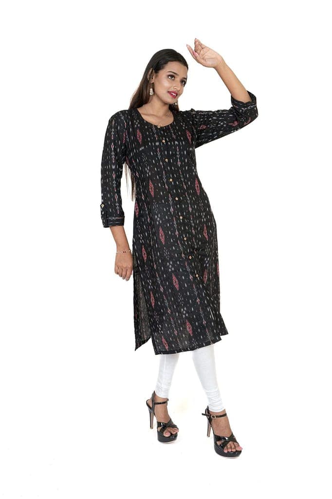 GHL GUENDICHA HAAT Sambalpuri Certified Handloom Women's Pure Cotton Round Neck Front Slit Kurta view 3