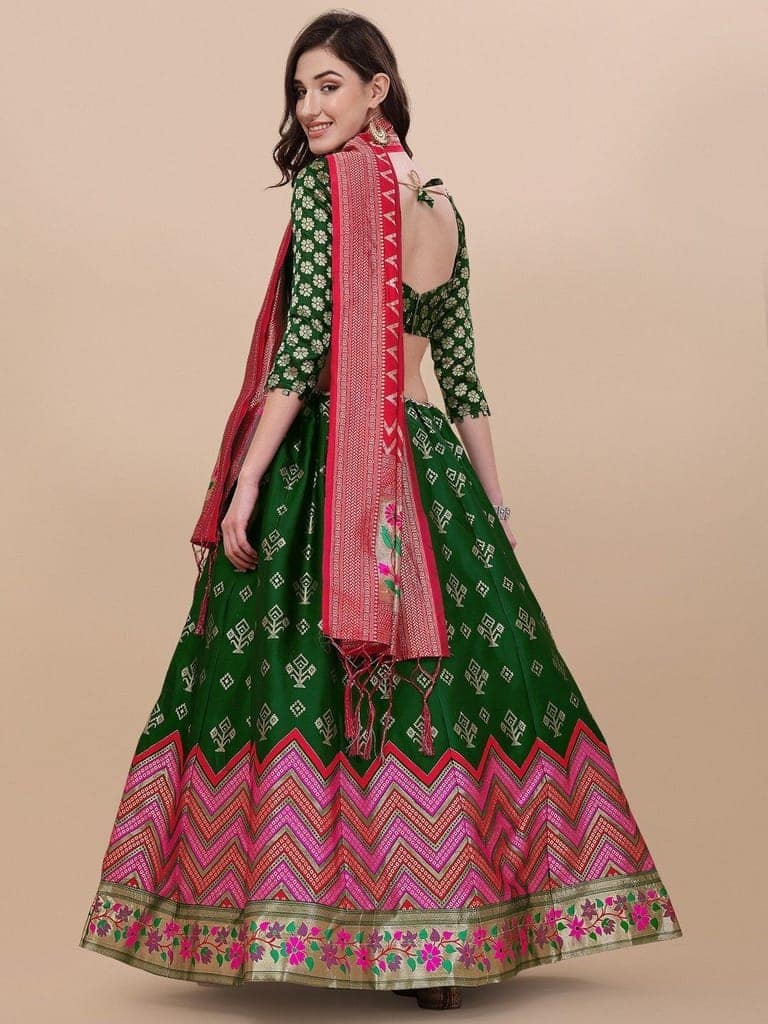 Green Brocade Fabric Lehenga & Unstitched Blouse With Dupatta view 2