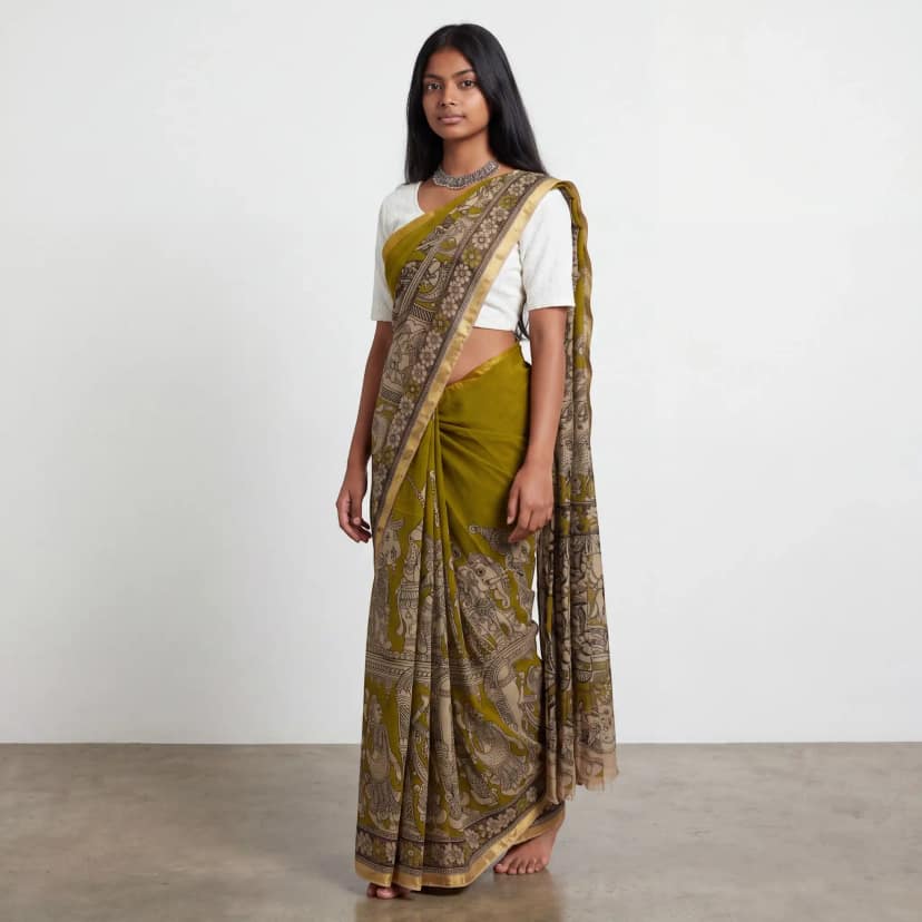 Pedana Kalamkari Mulmul Cotton Saree in Mehendi Green with Blouse view 2