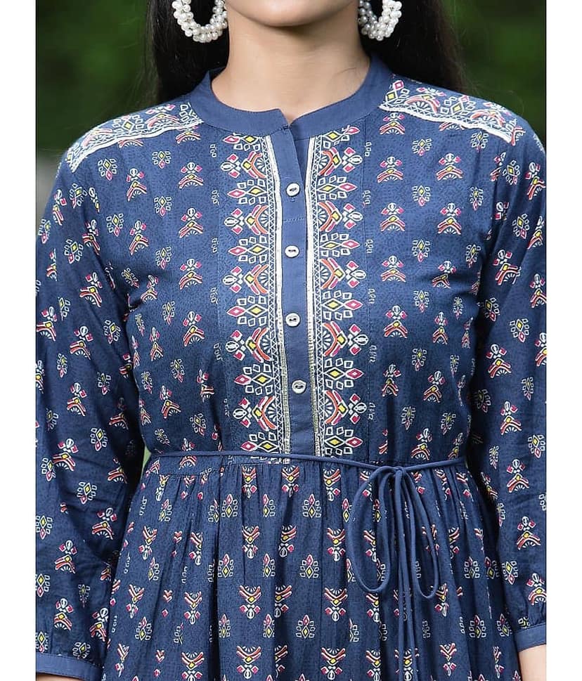 Juniper Women Cotton Printed Ethnic Dress ( Blue ) view 2