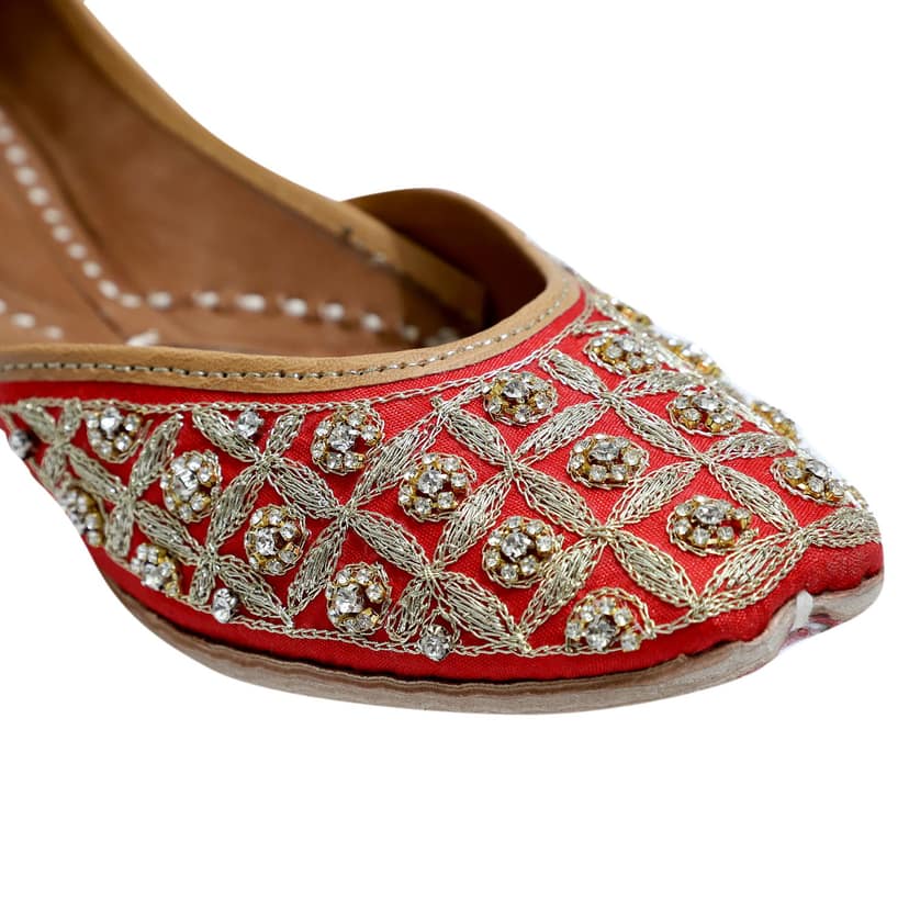 RSK ETHNIC WEAR, Red Color Embroidered Handmade Jutti for Women with Soft Leather and Double Cushion view 2