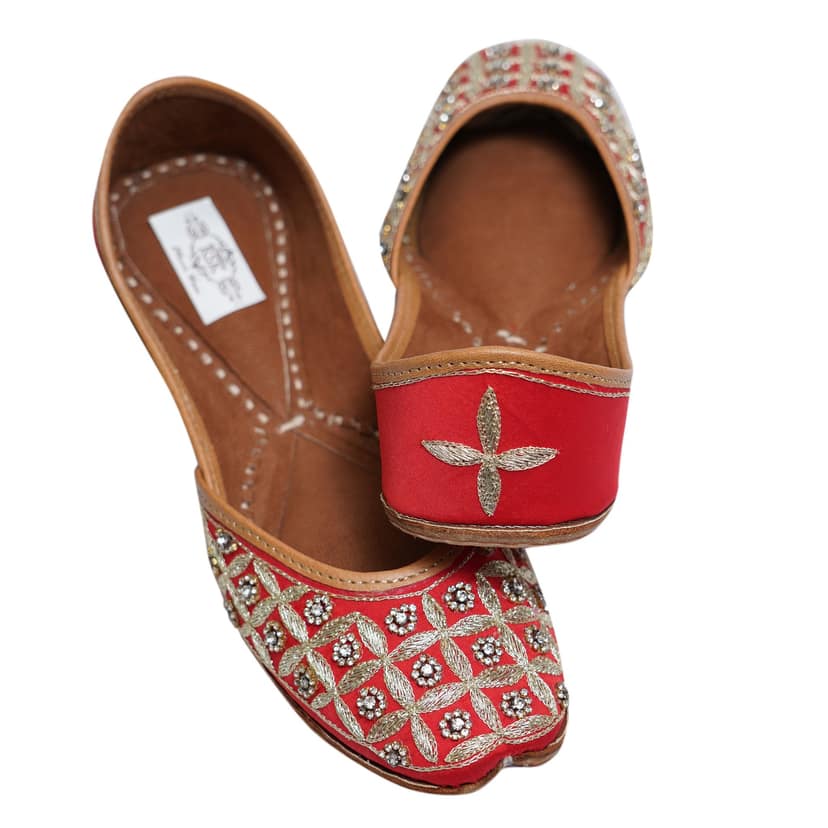 RSK ETHNIC WEAR, Red Color Embroidered Handmade Jutti for Women with Soft Leather and Double Cushion view 4
