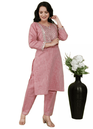 Cotton Women's Kurti and Pant, Pink