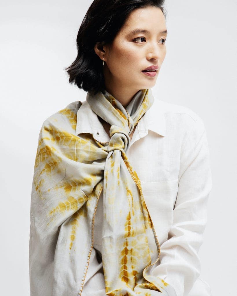 Reshmi Yellow and Grey Shibori Tie-Dye Bamboo Silk Stole view 4