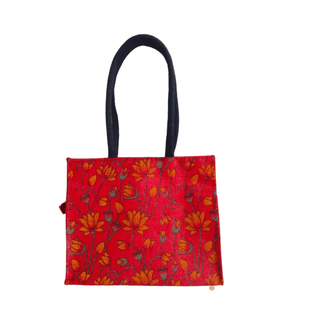 Red and Orange Floral Jute Tote Bag with Black Handles