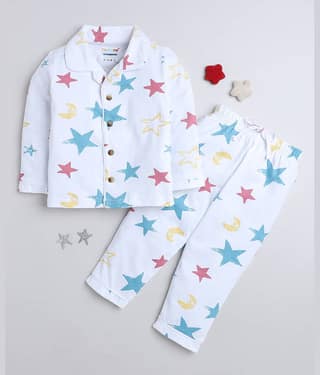 BUMZEE Pack of 1 Boys 100% Cotton Nightsuit Set ( White )