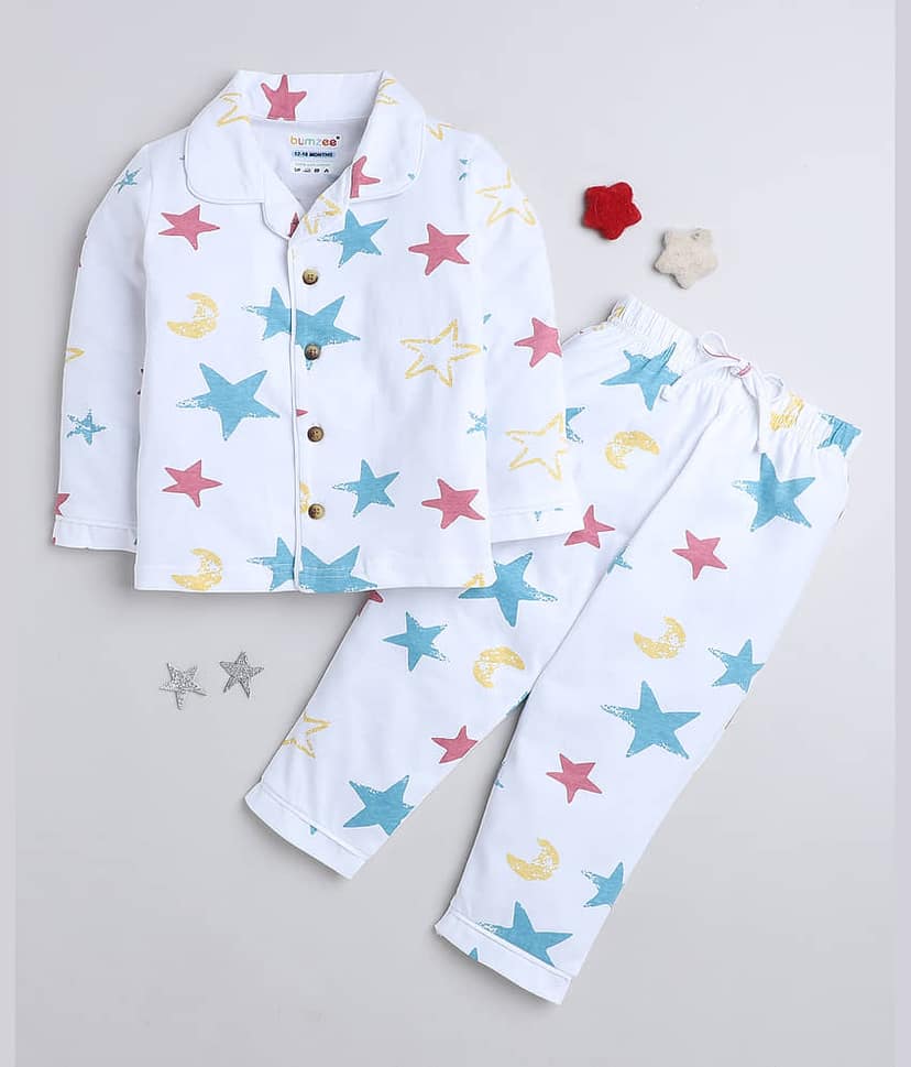 BUMZEE Pack of 1 Boys 100% Cotton Nightsuit Set ( White )