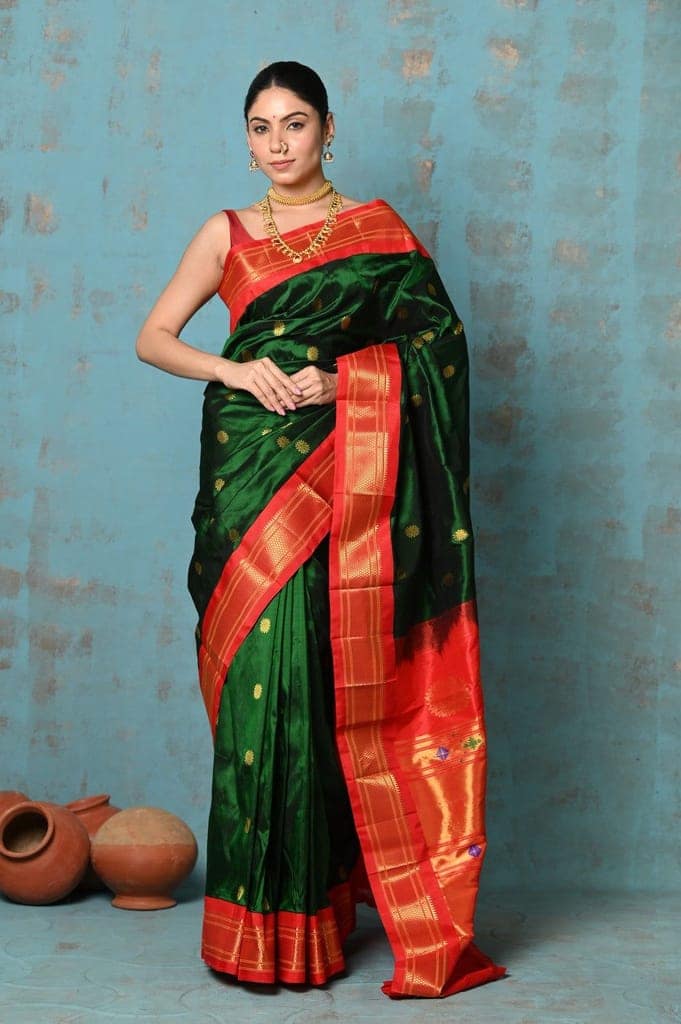 Tyohaar ~ Exclusive Handloom Pure Silk Maharani Paithani With Contrast Pallu~ Royal Green & Red view 2