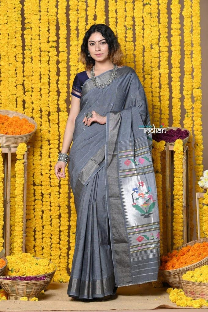 Rajsi~Handloom Pure Cotton Paithani With Asawali Pallu~ Grey view 3