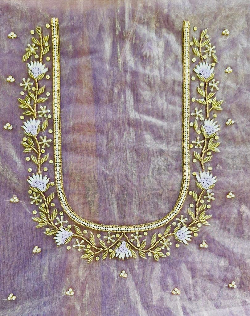 Exquisite Hand Embroidered Blouse Neck Design with Zardosi, Beads and Pearls