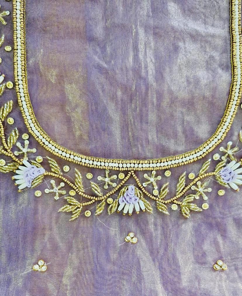 Exquisite Hand Embroidered Blouse Neck Design with Zardosi, Beads and Pearls view 2