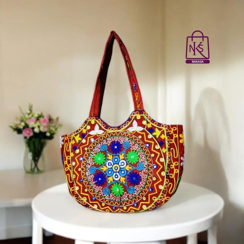 NAKASA Women's Gujarati Handmade Flower Embroidery Large Red Tote Bag view 2