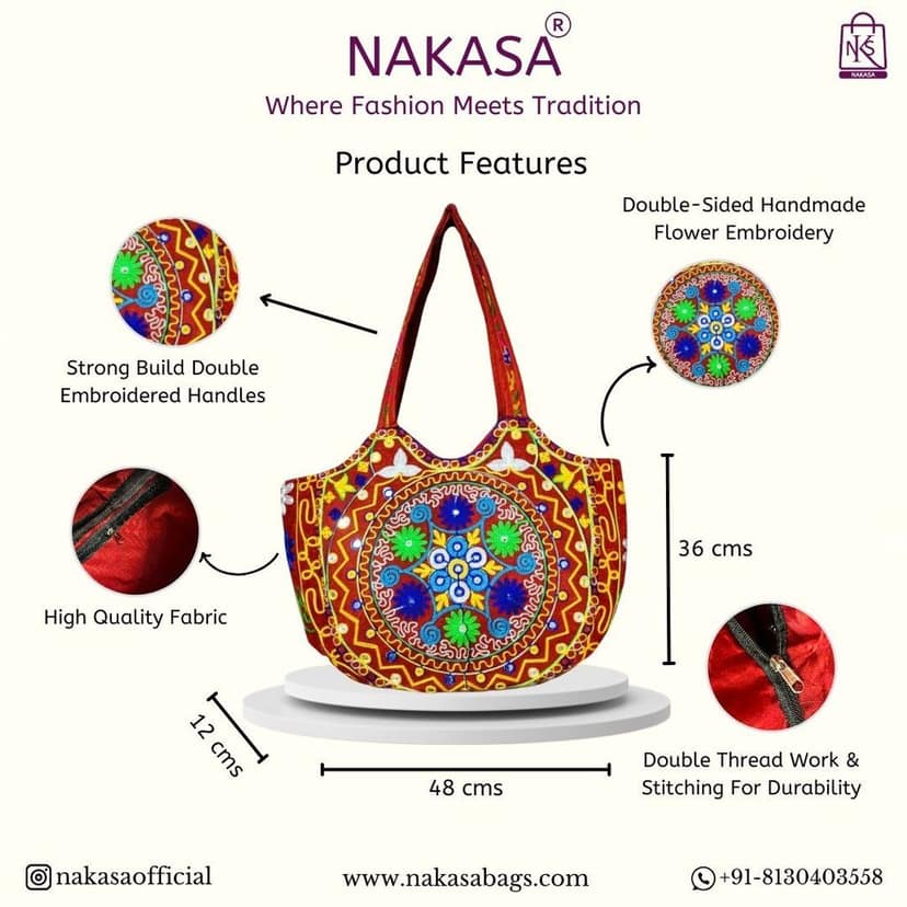 NAKASA Women's Gujarati Handmade Flower Embroidery Large Red Tote Bag view 3