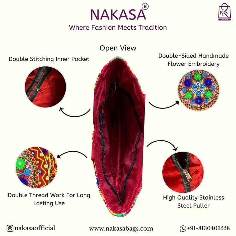 NAKASA Women's Gujarati Handmade Flower Embroidery Large Red Tote Bag view 4