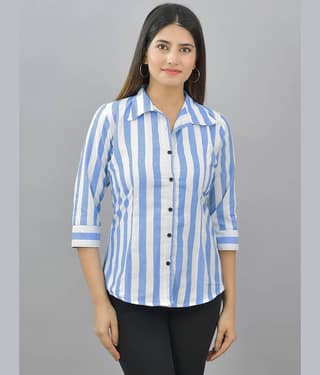 QuaClo Women Striped Cotton Shirt ( Blue )