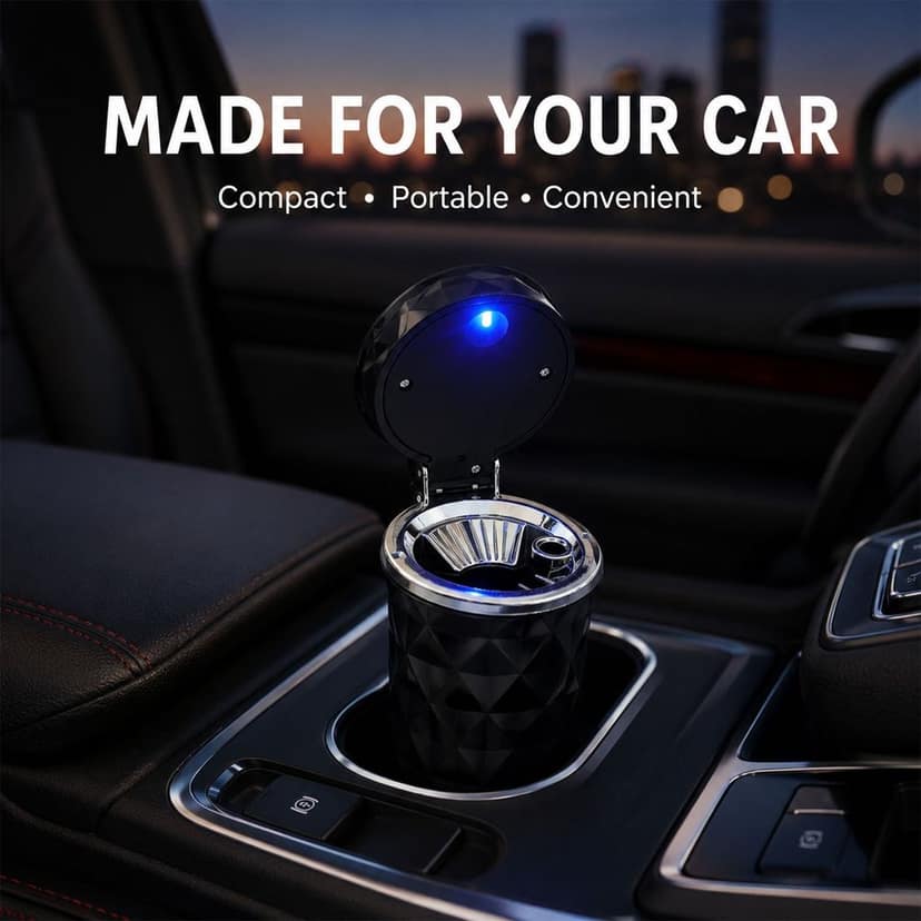 Car Cupholder Ashtray – LED Light, Lid & Portable Bin view 2