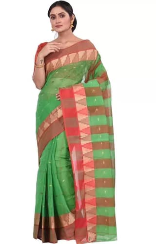 GitAsit Temple Border, Woven Tant Pure Cotton Saree (Green)