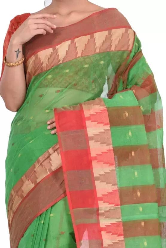 GitAsit Temple Border, Woven Tant Pure Cotton Saree (Green) view 2