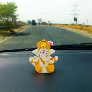 Lord Ganesha Idol in Yellow Dhoti & Mukut Compact Size for Car Dashboard, Home Temple, Festival Decor & Gifting