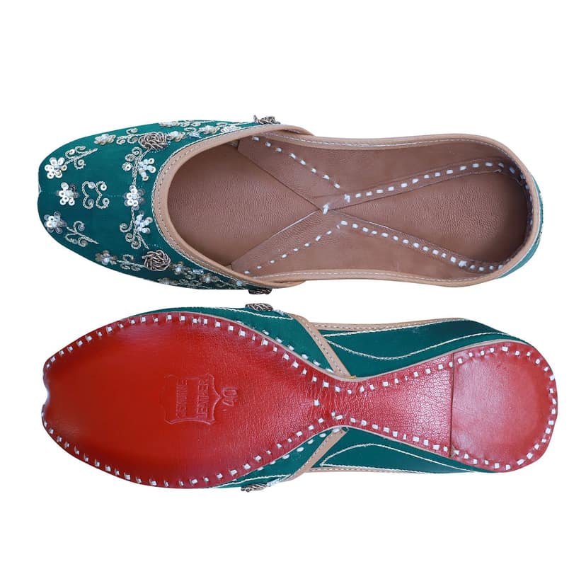 RSK ETHNIC WEAR, Green Color Embroidered Handmade Jutti for Women with Soft Leather and Double Cushion view 4