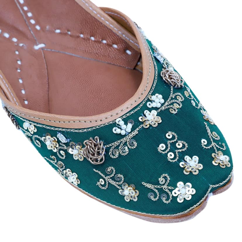 RSK ETHNIC WEAR, Green Color Embroidered Handmade Jutti for Women with Soft Leather and Double Cushion view 5