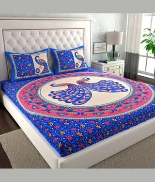 ABHACLOTHO Cotton 1 Double Bedsheet with 2 Pillow Covers ( Blue )