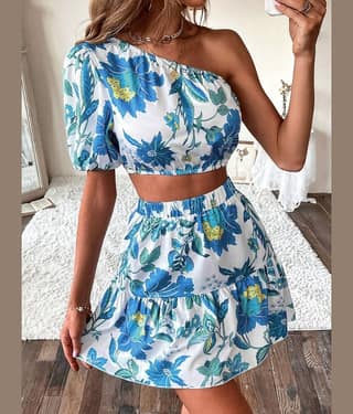 COOL AND CASUAL Women Printed Top With Skirt Co-Ord Set ( Blue )