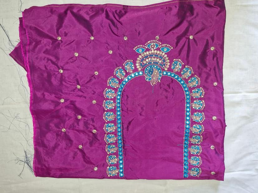 "Exquisite Hand Embroidered Peacock Blouse Design with Mirror Work" view 2