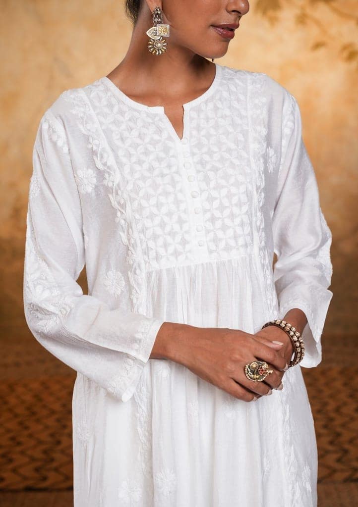 Chanderi Chikankari Solid Women's Long Kurta - White view 5