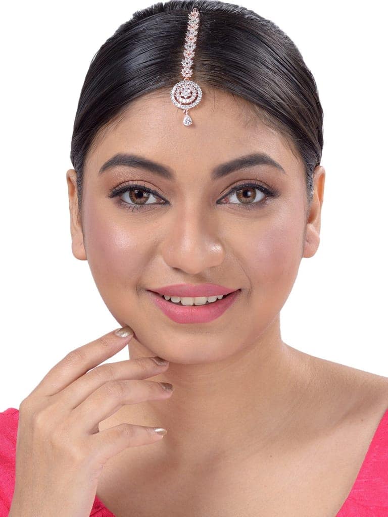 Intricate design Diamond Maang Tikka Rose Gold plated AD studded for Women & Girls view 2