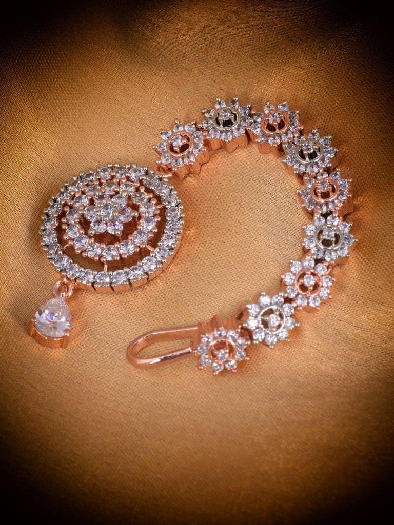 Intricate design Diamond Maang Tikka Rose Gold plated AD studded for Women & Girls view 5