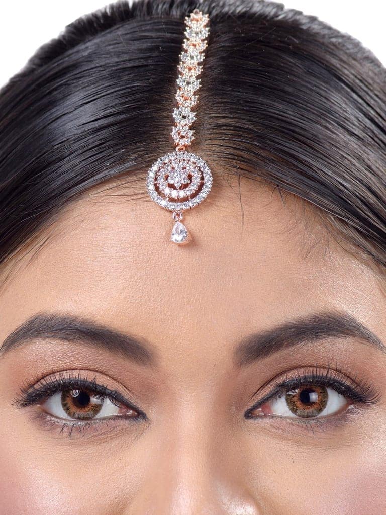 Intricate design Diamond Maang Tikka Rose Gold plated AD studded for Women & Girls view 6