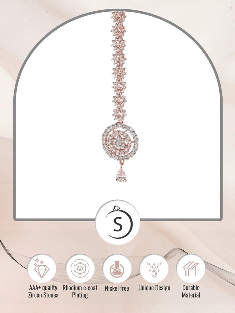 Intricate design Diamond Maang Tikka Rose Gold plated AD studded for Women & Girls view 8