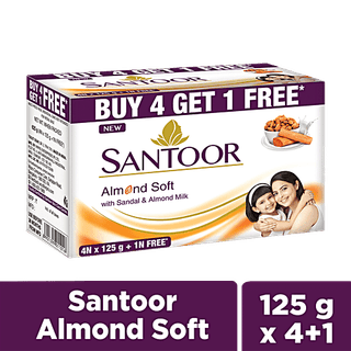 Santoor Sandal & Almond Milk Soap - For Soft & Moisturise Skin, 125 g (Buy 4 Get 1 Free)