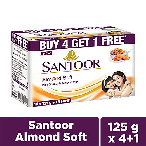 Santoor Sandal & Almond Milk Soap - For Soft & Moisturise Skin, 125 g (Buy 4 Get 1 Free)