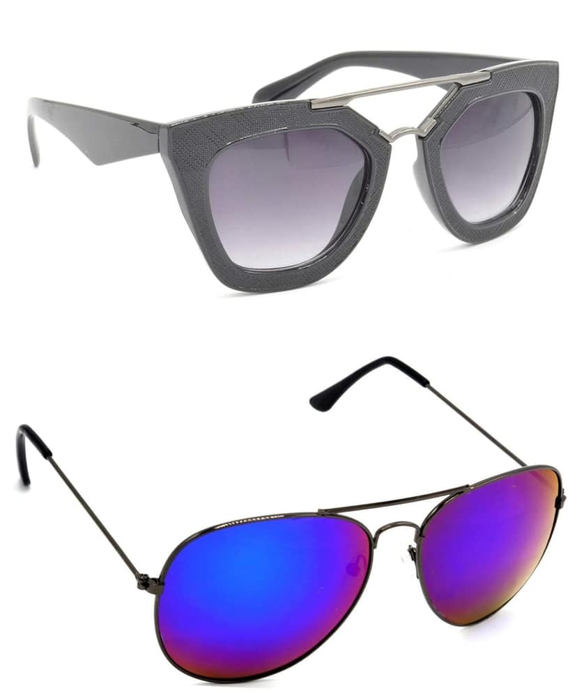 HRINKAR Unisex Rectangular Sunglasses Black & Grey Frame, Grey & Pink Lens (Medium) - Pack of 2