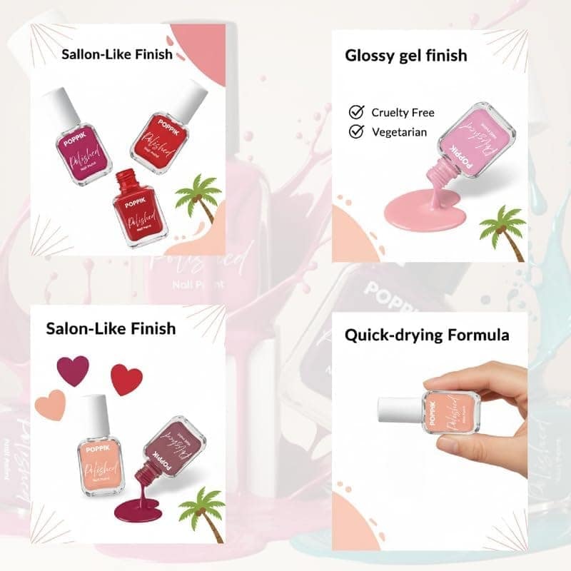 POPPIK Polished Nail Paint 8 ml, Quick-Dry, Long-Lasting & Chip-Resistant Nail Colour with Intense Pigment, Waterproof & Scratch-Proof, Satin Finish, Non-Toxic & Skin-Friendly view 6