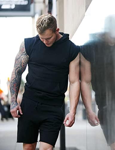 Hot Button Short Sleeve Solid Black T-Shirt with Hoodie for Men | Trendy Gym Wear