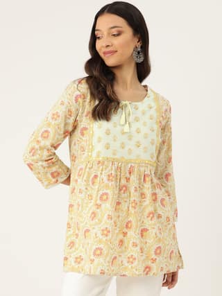 Floral Printed Mirror Work Pure Cotton Mirror Work Pleated Kurti