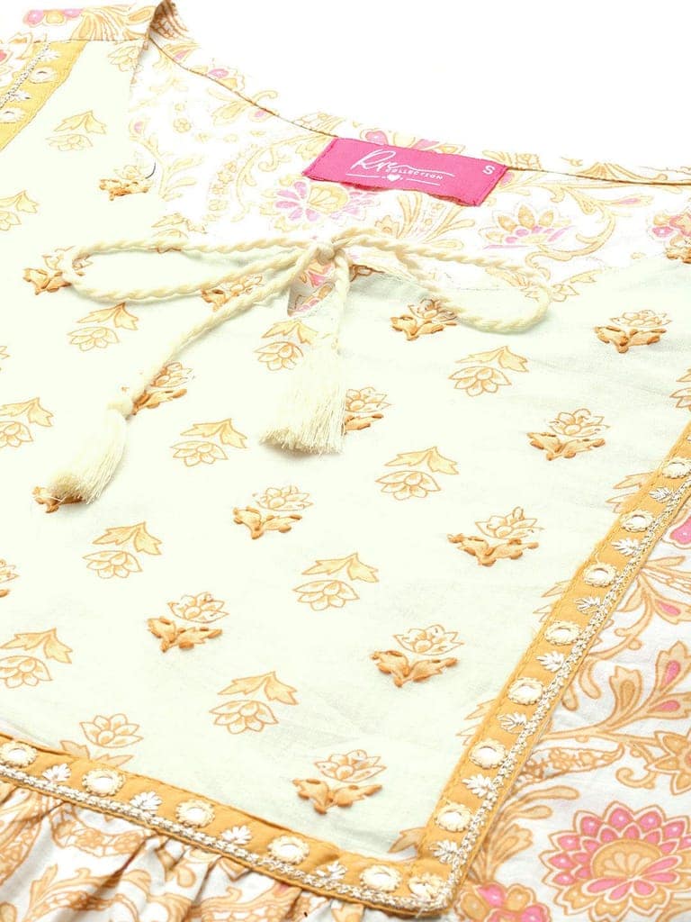 Floral Printed Mirror Work Pure Cotton Mirror Work Pleated Kurti view 5