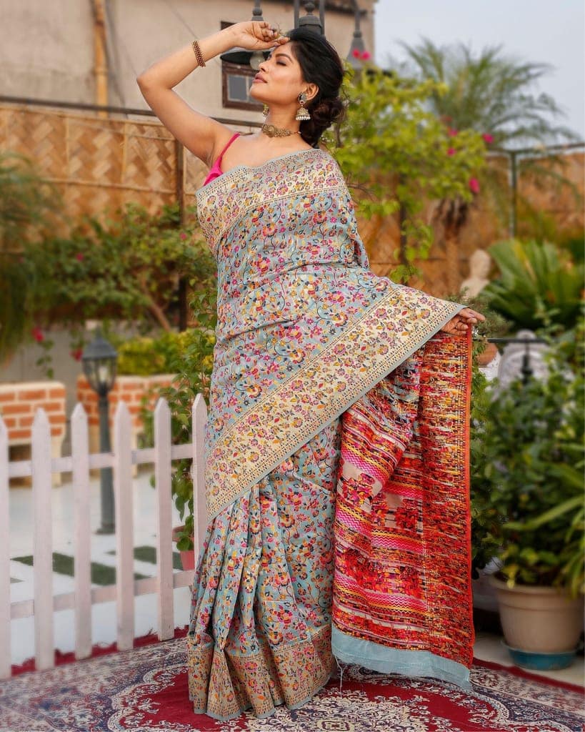 Banarasi Silk Saree Blue & Multi Color with contrast pallu and blouse-7066 view 2