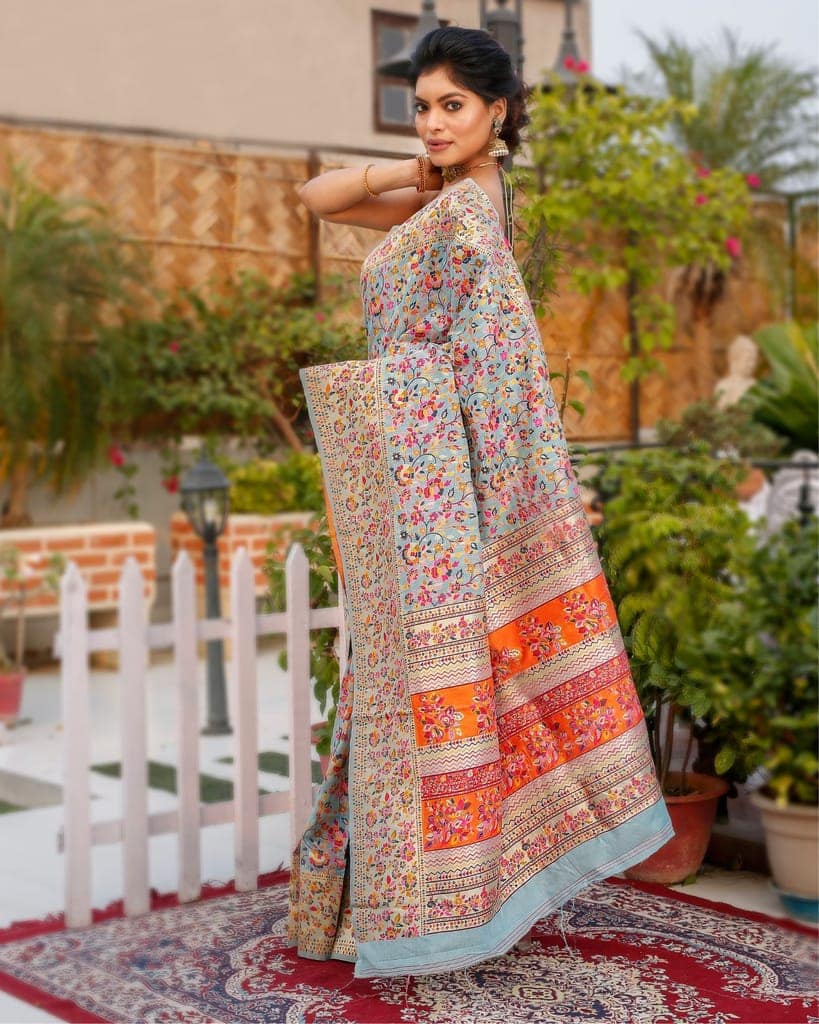 Banarasi Silk Saree Blue & Multi Color with contrast pallu and blouse-7066 view 3